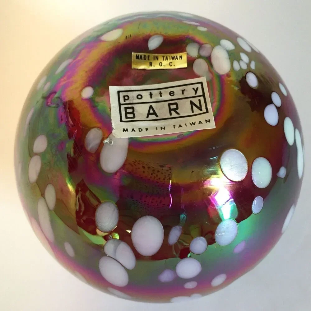 Pottery Barn Glass Oil Lamp Red White Hand Blown Art Glass Unused Iridescent